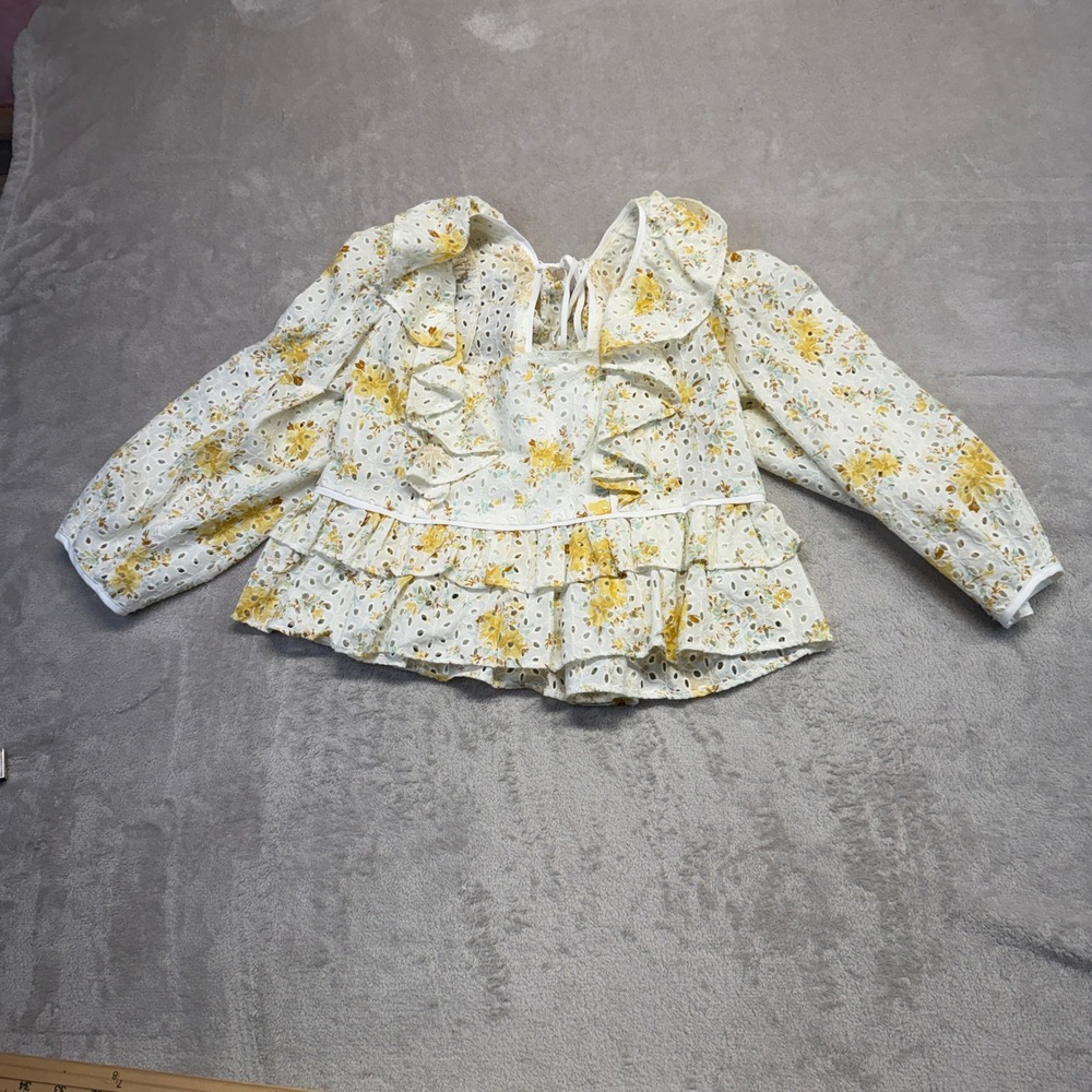 Anthropologie WAYF Shirt Women's XS White Yellow Floral Eyelet Ruffle Peplum Tie